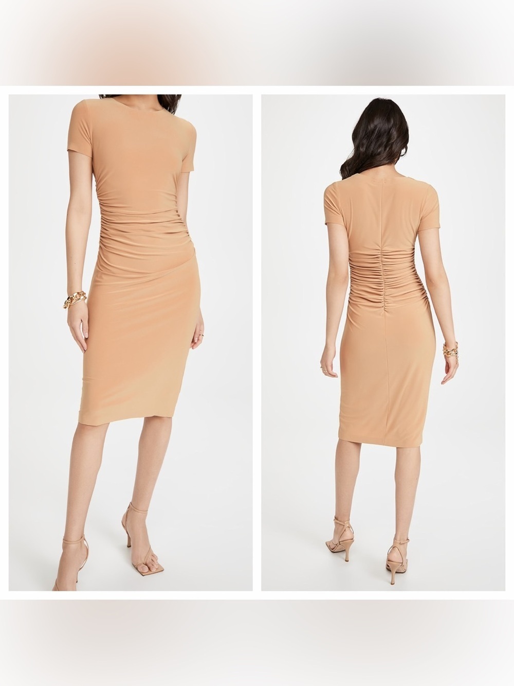 Norma Kamali Revolve Dress Womens Small Warm Taupe Ruched Midi